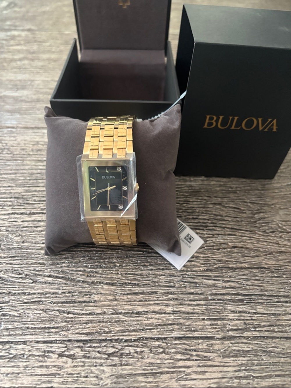 Bulova Modern Quadra 3-Hand Gold-Tone Bracelet Watch with Black Dial NWT in Box
